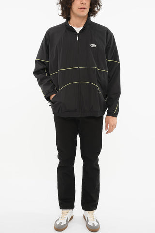 Striped-patterned Windbreaker Jacket with Embossed Logo