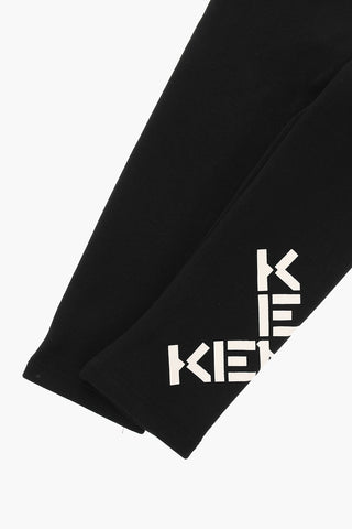 Fleeced-cotton Leggings with Logo Print