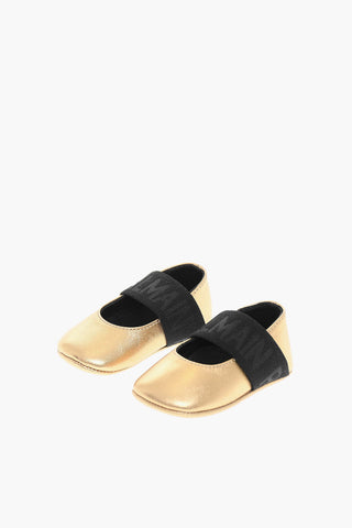 Metallic-leather Ballet Flats with Logoed Elastic-band