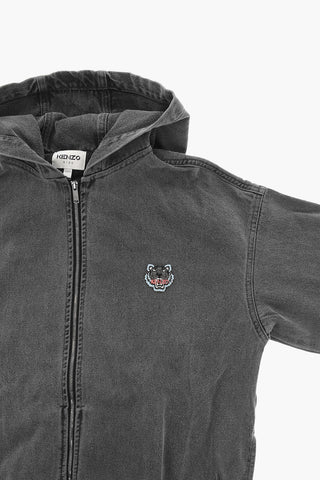 Hooded Denim Jacket with Tiger Crest Embroidery