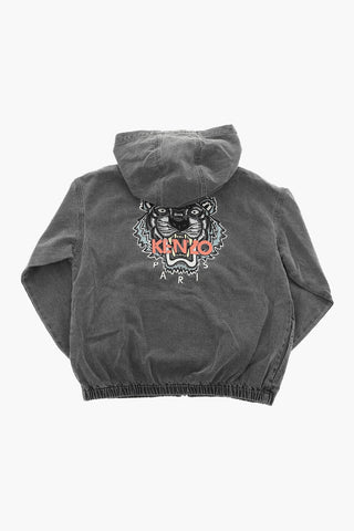 Hooded Denim Jacket with Tiger Crest Embroidery