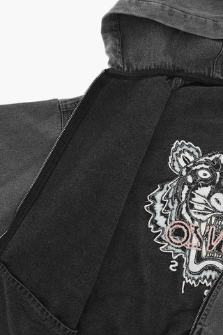 Hooded Denim Jacket with Tiger Crest Embroidery
