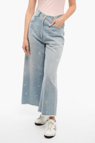 Embroidered Wide Legged Jeans With Raw Cut Bottom