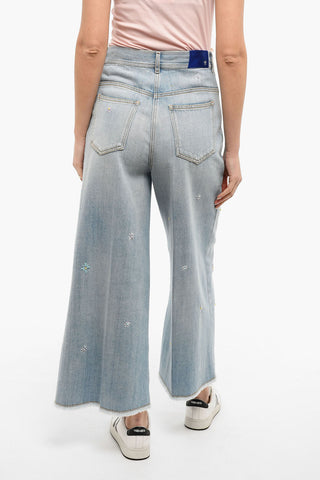 Embroidered Wide Legged Jeans With Raw Cut Bottom