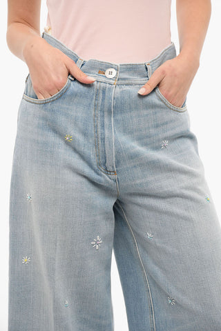 Embroidered Wide Legged Jeans With Raw Cut Bottom