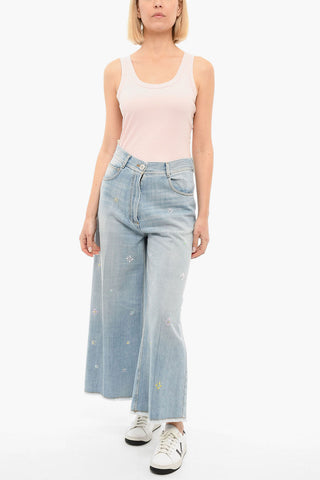 Embroidered Wide Legged Jeans With Raw Cut Bottom