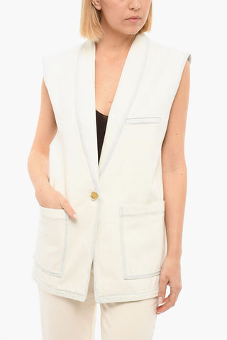 One-buttoned Sleeveless jacket with Bleached Effect