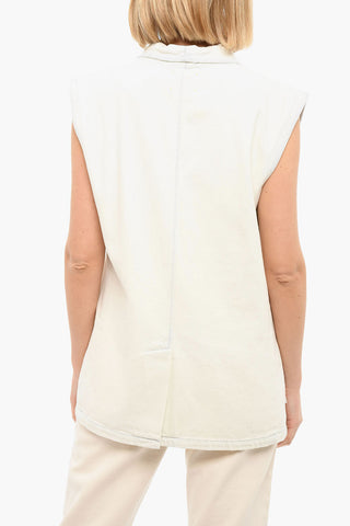 One-buttoned Sleeveless jacket with Bleached Effect