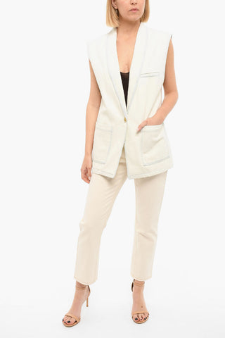 One-buttoned Sleeveless jacket with Bleached Effect