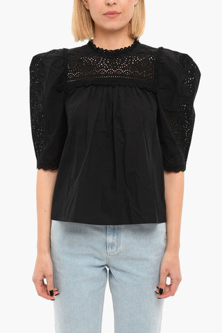 YVONNE Blouse with Puffed Sleeves and Openwork Trims