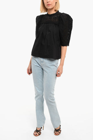 YVONNE Blouse with Puffed Sleeves and Openwork Trims