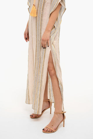 Linen Caftan Dress in Stripe Motif