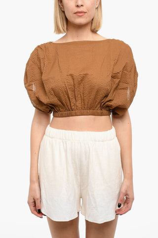 Top in Cotone Effetto Crepe con Maniche Arricciate