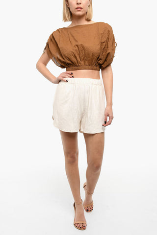 Top in Cotone Effetto Crepe con Maniche Arricciate