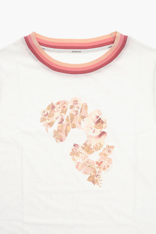 T-shirt con Girocollo a Coste e Stampa Floreale