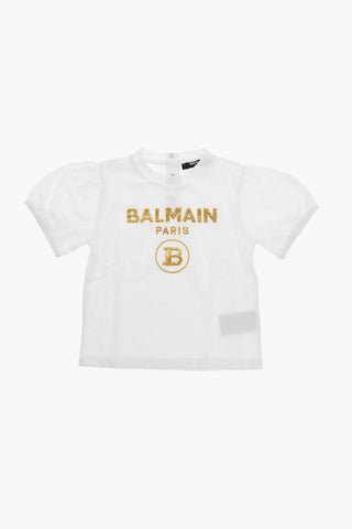 Puff-sleeved T-shirt with Sequined Logo
