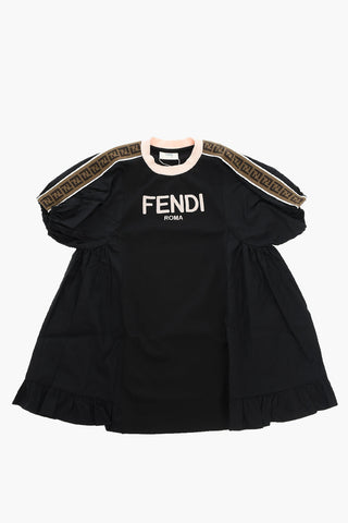 Flared Dress with Puff Sleeves and Embroidered Logo