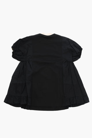 Flared Dress with Puff Sleeves and Embroidered Logo