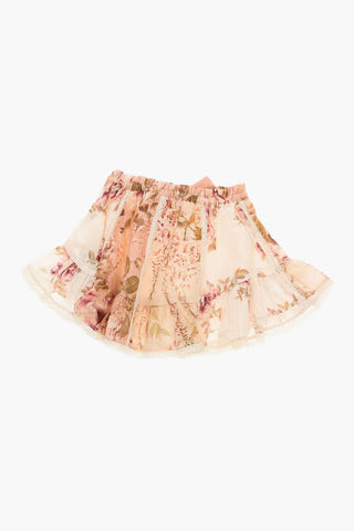 Pleated Skirt with Floral Motif and Bow at the Waist
