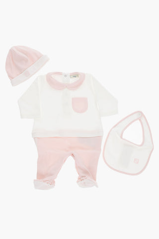 Hat Bib and Playsuit Set with Embroidered Logo Details