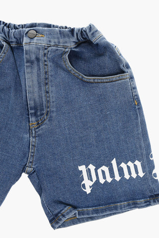 Denim Shorts with Elasticated Waist and Logo Print