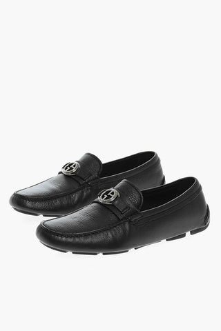 Metal Logo Hammered Leather Loafers