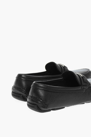 Metal Logo Hammered Leather Loafers