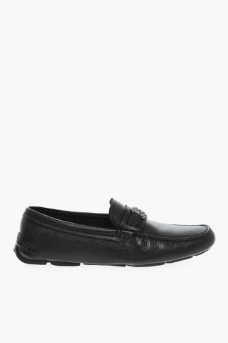 Metal Logo Hammered Leather Loafers