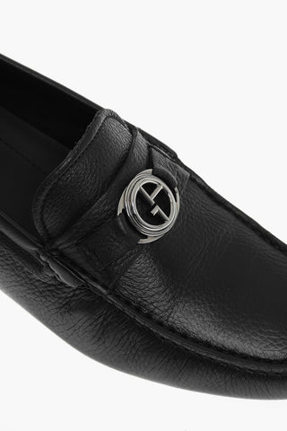 Metal Logo Hammered Leather Loafers