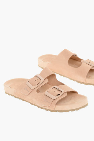 Suede Leather Slides With Buckles