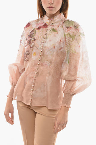 Floral Patterned Silk and Flax Blouse with Decorative Bead Buttons