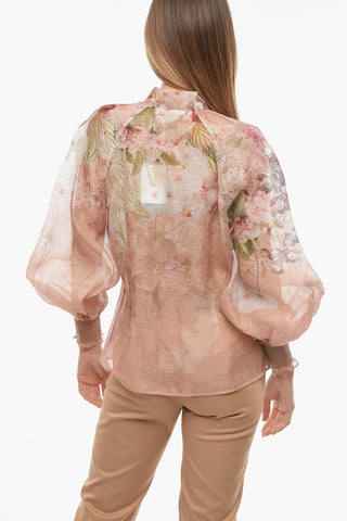Floral Patterned Silk and Flax Blouse with Decorative Bead Buttons