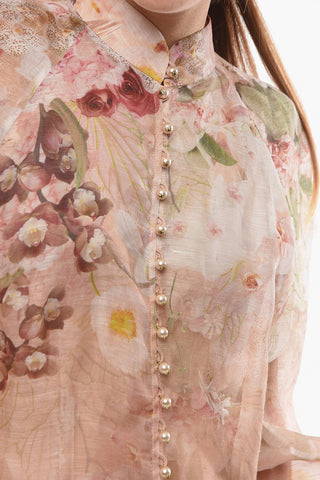 Floral Patterned Silk and Flax Blouse with Decorative Bead Buttons