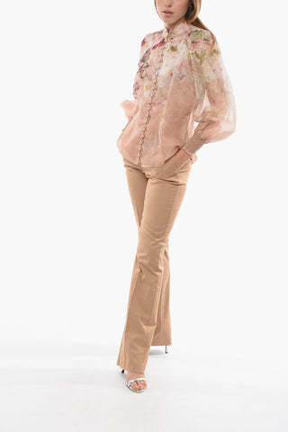 Floral Patterned Silk and Flax Blouse with Decorative Bead Buttons