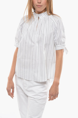 Pencil Striped GAJOL Blouse with Puff Sleeve and String Ties at the Hems