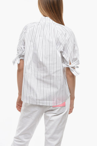 Pencil Striped GAJOL Blouse with Puff Sleeve and String Ties at the Hems