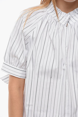 Pencil Striped GAJOL Blouse with Puff Sleeve and String Ties at the Hems