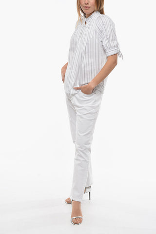Pencil Striped GAJOL Blouse with Puff Sleeve and String Ties at the Hems