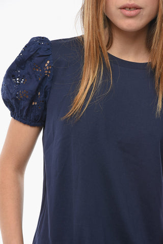 Crew-neck T-Shirt with Sangallo Puff Sleeve
