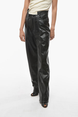 Faux Leather Single Pleat Pants with Visible Stiching