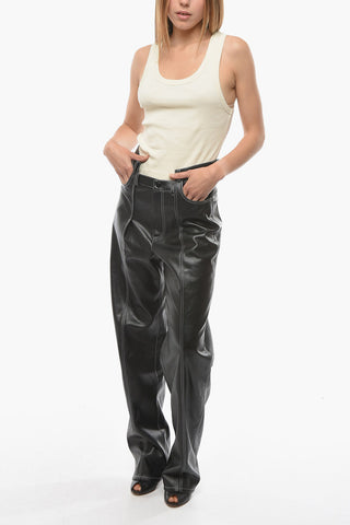 Faux Leather Single Pleat Pants with Visible Stiching
