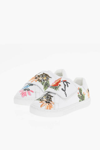 Calfskin Sneakers with Embroidered Logo and Floral Motif