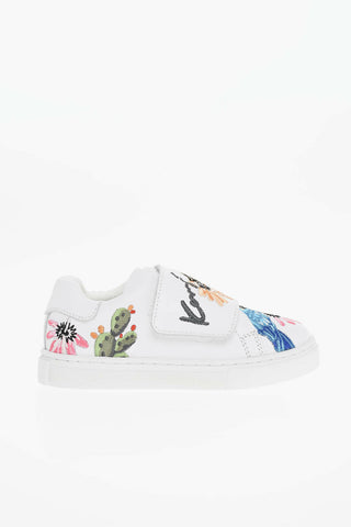 Calfskin Sneakers with Embroidered Logo and Floral Motif