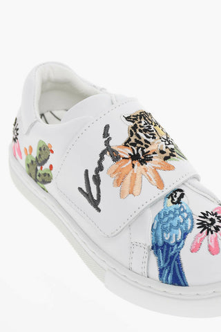 Calfskin Sneakers with Embroidered Logo and Floral Motif