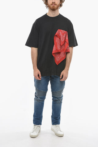 Oversized T-shirt with Bandana's Application and Raw Cut Edges