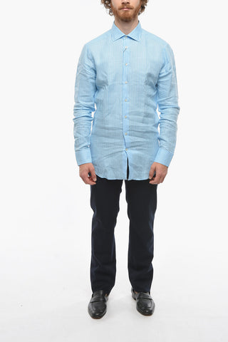 Camicia in Lino con Fantasia a Righe Pinstripe