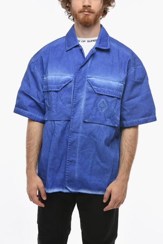 Acid Wash Effect Short Sleeve Overshirt with Double Breast Pocket