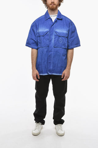 Acid Wash Effect Short Sleeve Overshirt with Double Breast Pocket