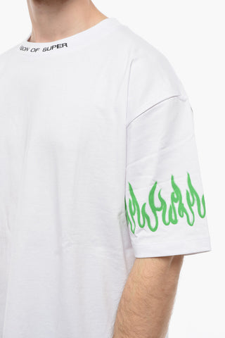 Crew-neck T-Shirt with Printed Flames on the Sleeve