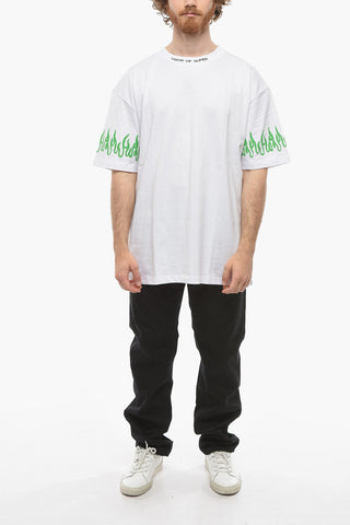 Crew-neck T-Shirt with Printed Flames on the Sleeve